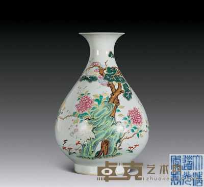 清道光 粉彩牡丹灵芝纹玉壶春瓶 10×29cm